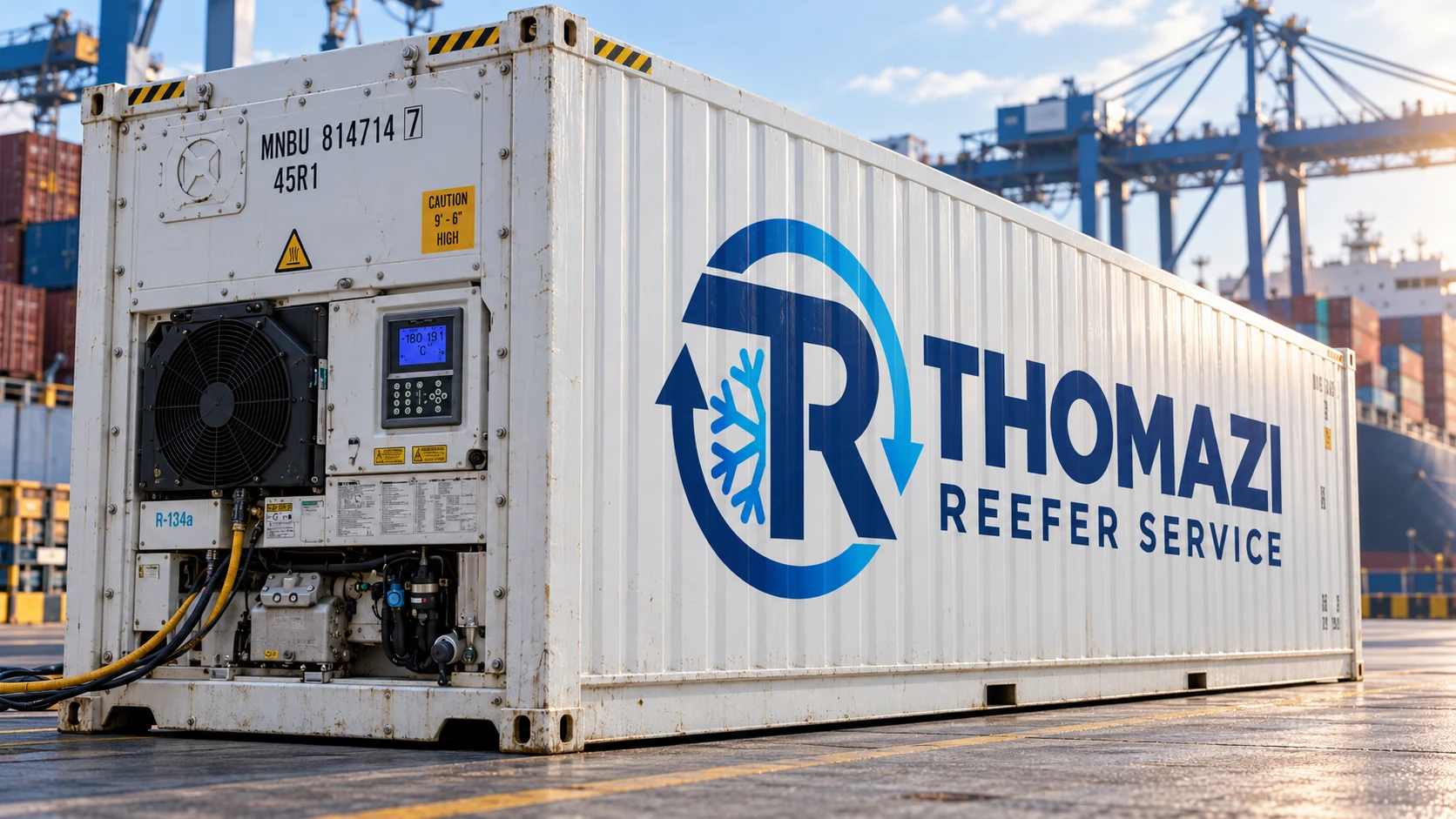 Composição visual de um container refrigerado com a marca Thomazi Reefer Service em ambiente portuário